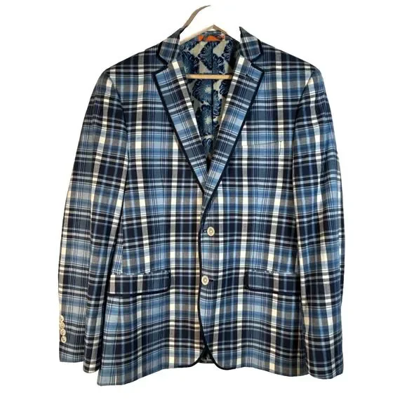 Tallia Orange Tag Sport Coat Men 42R Navy BlueBlazer Jacket Plaid EUC Preppy